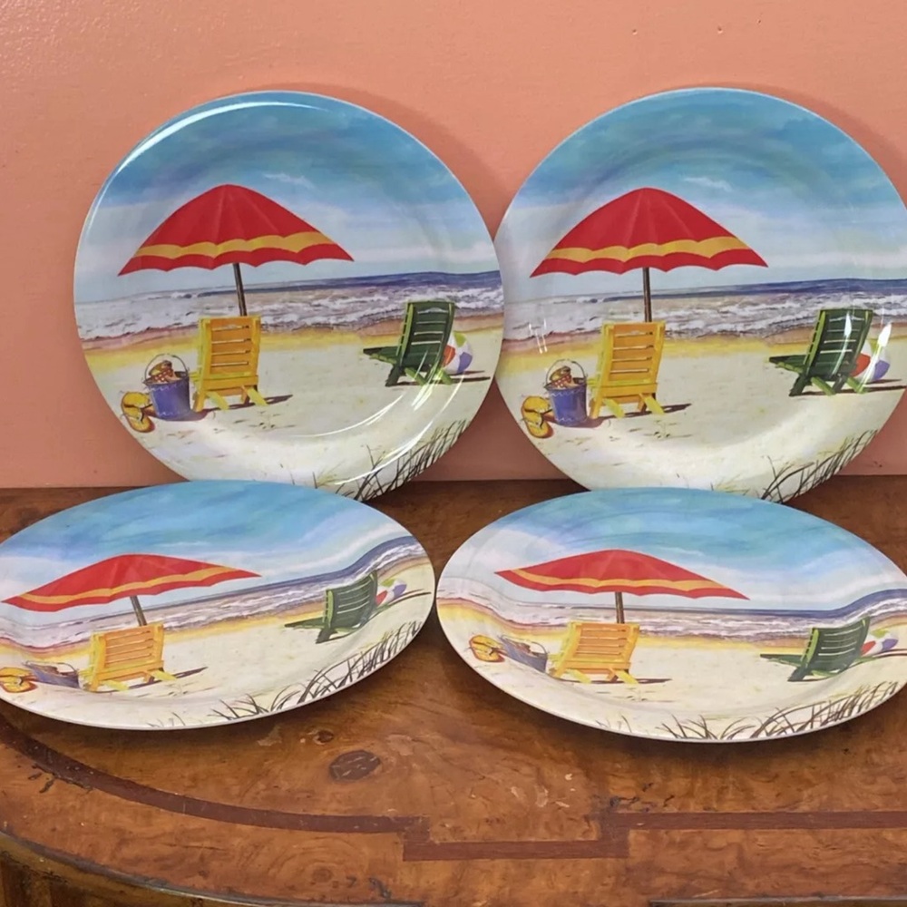 Lot Of 4 Melamine  10.5” Dinner Plates Beach Ocean View  Bed Bath And  Beyond